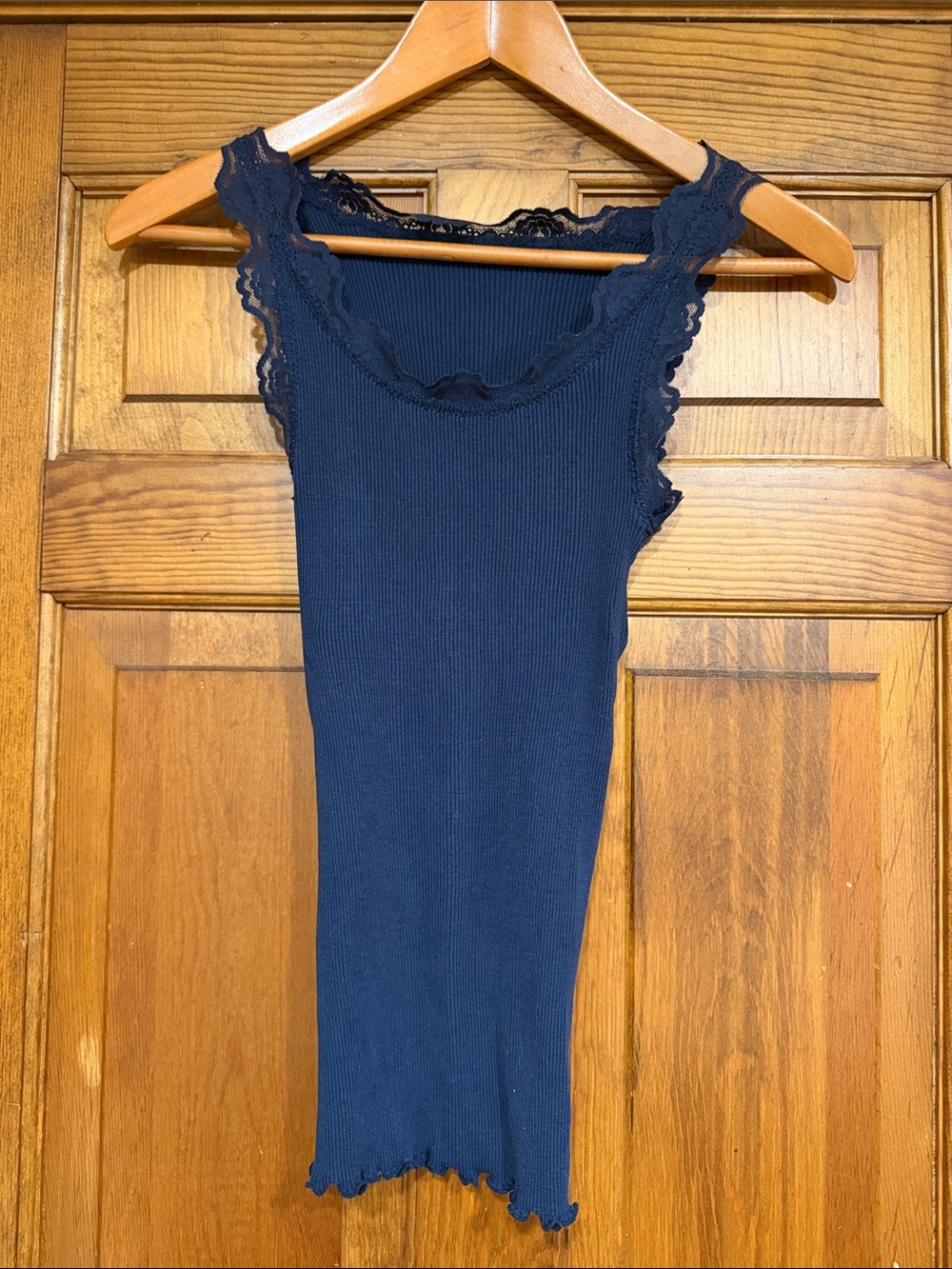 Silk/Cotton Blend Lace Trim Ribbed Tank Top - Navy